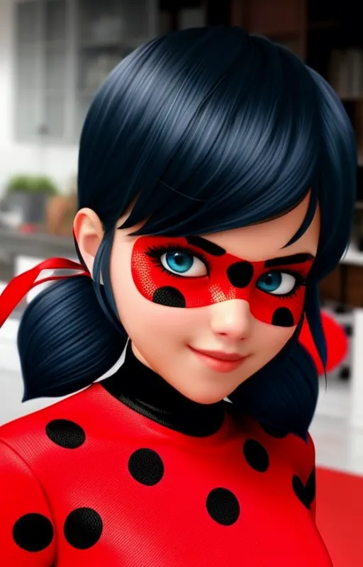 La imagen muestra un personaje animado llamado Ladybug. Tiene ojos azules y cabello negro recogido en dos coletas con cintas rojas. Lleva un traje negro con lunares rojos y una máscara negra con puntos rojos.