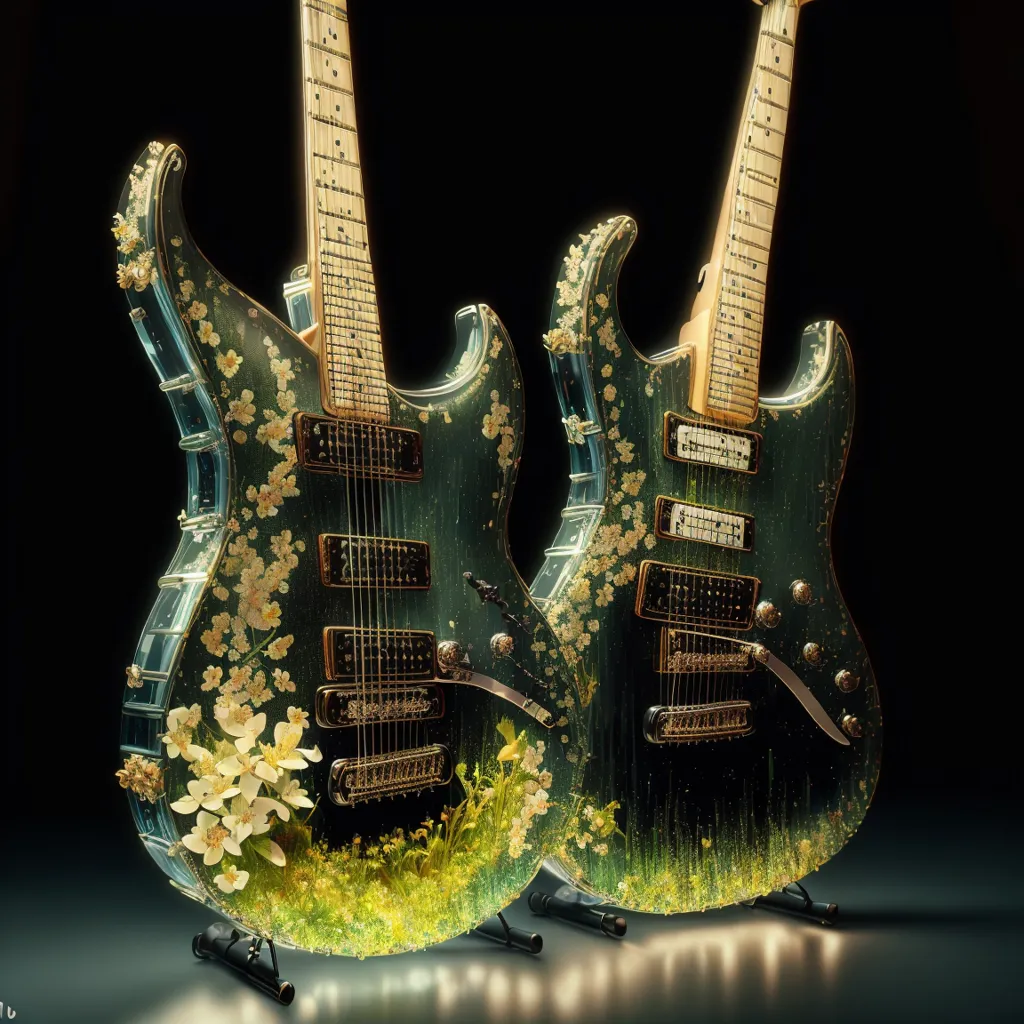 The image shows two electric guitars. They are both green and transparent, the fretboards are made of wood, and the strings are made of metal. The guitars are decorated with white and pink flowers. The background is black.