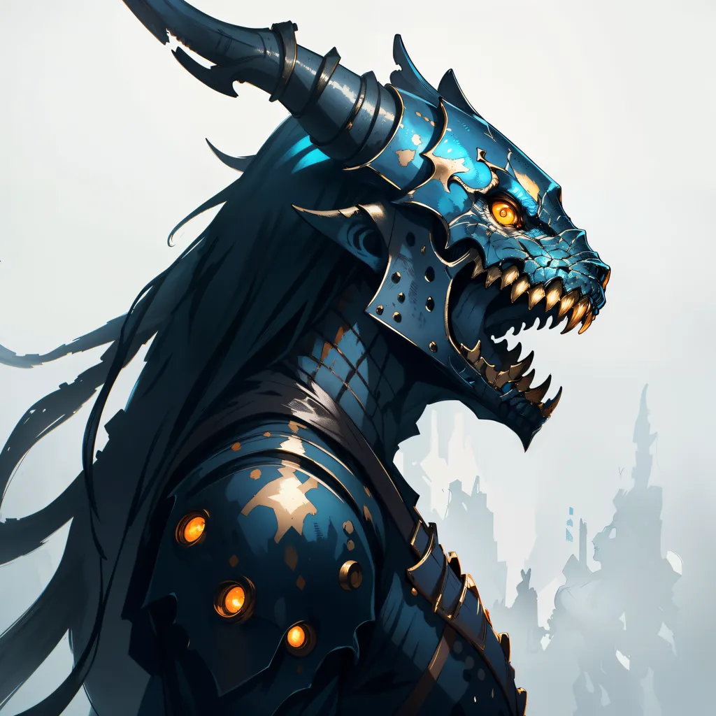 The image is a digital painting of a blue dragonborn wearing armor. The dragonborn is a muscular creature with blue scales and a long, serpentine tail. It is wearing a suit of armor that covers its body from head to toe. The armor is made of a dark metal and has gold trim. The dragonborn's eyes are a bright yellow and its teeth are bared in a snarl. It has a large horn on its nose and two smaller horns on its forehead. The background of the image is a white void.