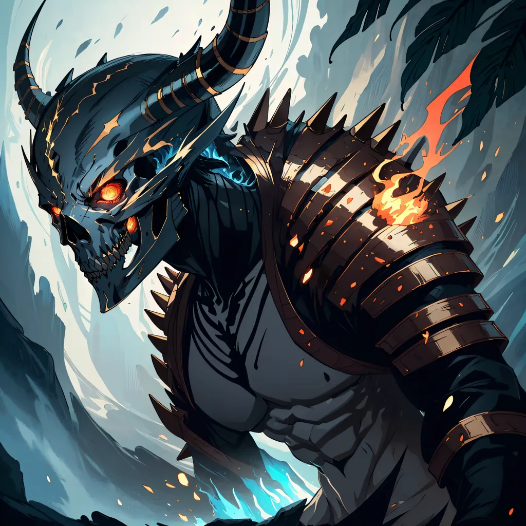 The image is a digital painting of a horned skeleton warrior. The warrior is wearing a suit of black and brown armor and has a skull for a head. The warrior is standing in a snowy forest and is surrounded by flames. The warrior is holding a sword in its right hand. The background is a mountain range.