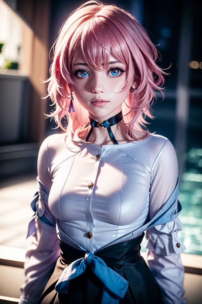 The image shows a young woman with pink hair and blue eyes. She is wearing a white blouse with a blue ribbon at the collar and a black skirt. She is also wearing a blue choker with a silver pendant. Her hair is styled with bangs and her nails are painted pink. She has a soft, gentle expression on her face.