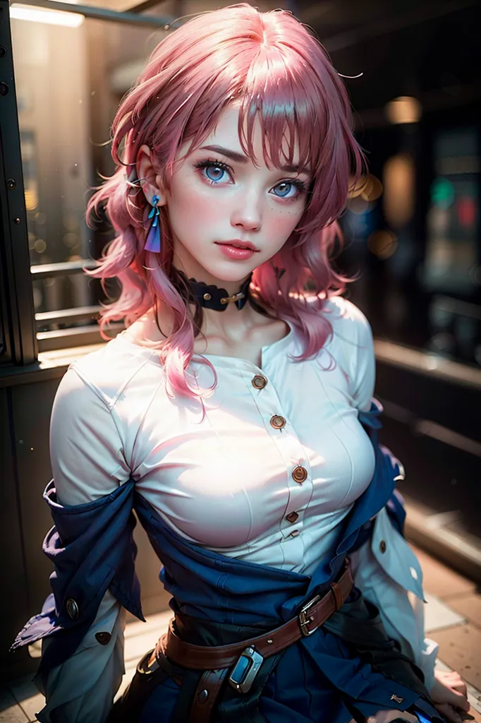 La imagen es una pintura digital de una mujer joven con el cabello rosa y ojos azules. Lleva una blusa blanca con cuello azul y un cinturón marrón. También lleva un collar con un colgante azul. El fondo está borroso y consiste en una ciudad de noche.