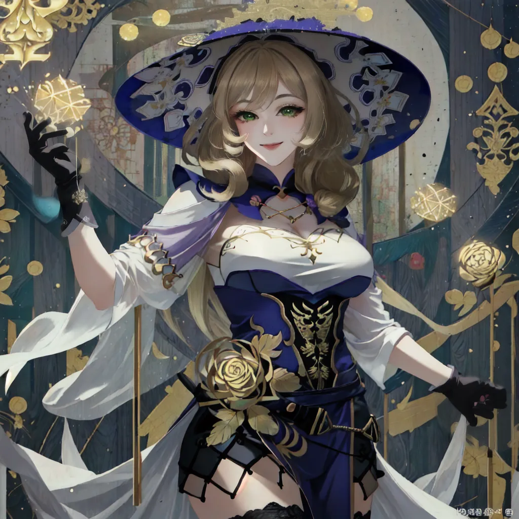 The picture shows a beautiful anime girl with long blonde hair and green eyes. She is wearing a white and blue dress with a corset and a large hat with a blue and gold pattern. She is also wearing black gloves and there is a rose on her chest. She is standing in front of a blue background with a crescent moon and is holding a small glowing ball in her hand.