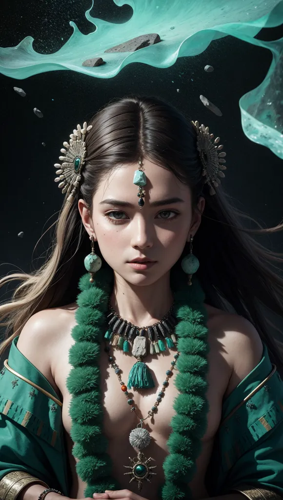 Esta imagen muestra a una mujer joven, probablemente de finales de la adolescencia o principios de los veinte, con el cabello largo y oscuro y ojos verde claro. Lleva un vestido verde con un escote pronunciado y un collar de oro con un colgante grande y redondo. También lleva un tocado verde con acentos dorados y pendientes verdes. El fondo es verde oscuro y hay varios objetos pequeños y brillantes de color verde flotando en el aire a su alrededor.