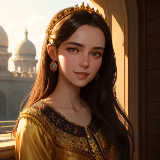 The image shows a young woman with long brown hair and green eyes. She is wearing a golden crown and a golden dress with white sleeves. The dress is decorated with intricate patterns. She is standing in front of an open window. There is a building with domes in the background. The woman is smiling.