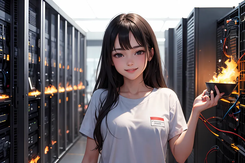 The image depicts a young woman standing in a server room. She has long, dark hair and brown eyes. She is wearing a white T-shirt and a lanyard with an ID card. The woman is smiling and holding a bowl of fire in her hands. The servers are on fire.