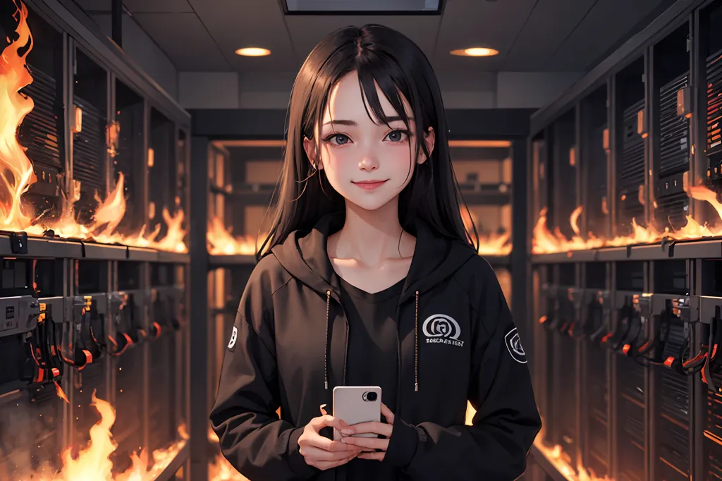 The image shows a young woman standing in a room with a lot of computer servers. The servers are on fire, but the woman is not worried. She is smiling and looking at her phone. The woman is wearing a black hoodie and has long black hair. She is also wearing a small backpack. The room is dark and the only light comes from the fire.