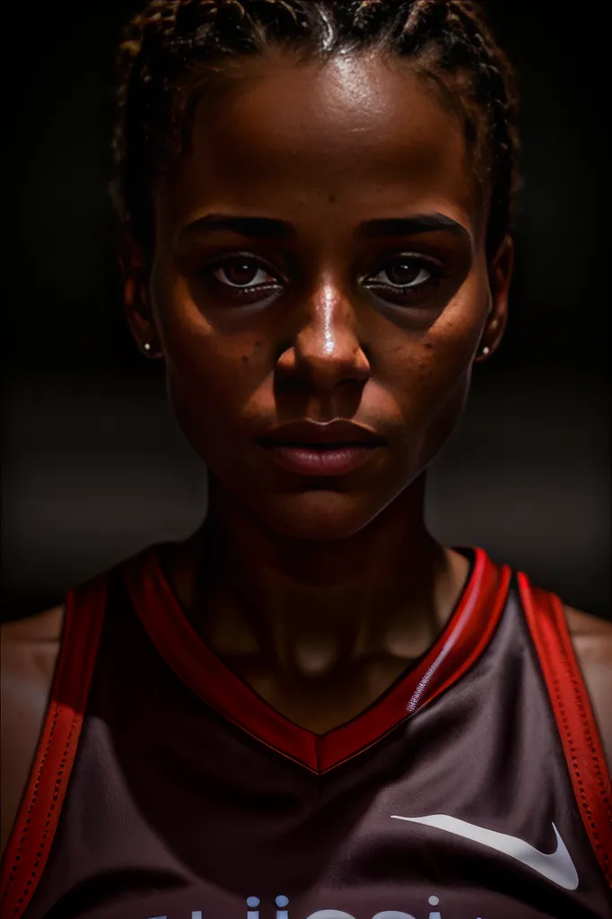 This is a portrait of a young female athlete. She is looking at the camera with a determined expression. She is wearing a black tank top with a white Nike logo. Her hair is pulled back in a ponytail. She has dark skin and brown eyes. She is sweating, which suggests that she has been working hard. The background is black, which helps to make her stand out. The overall tone of the image is one of strength and determination.