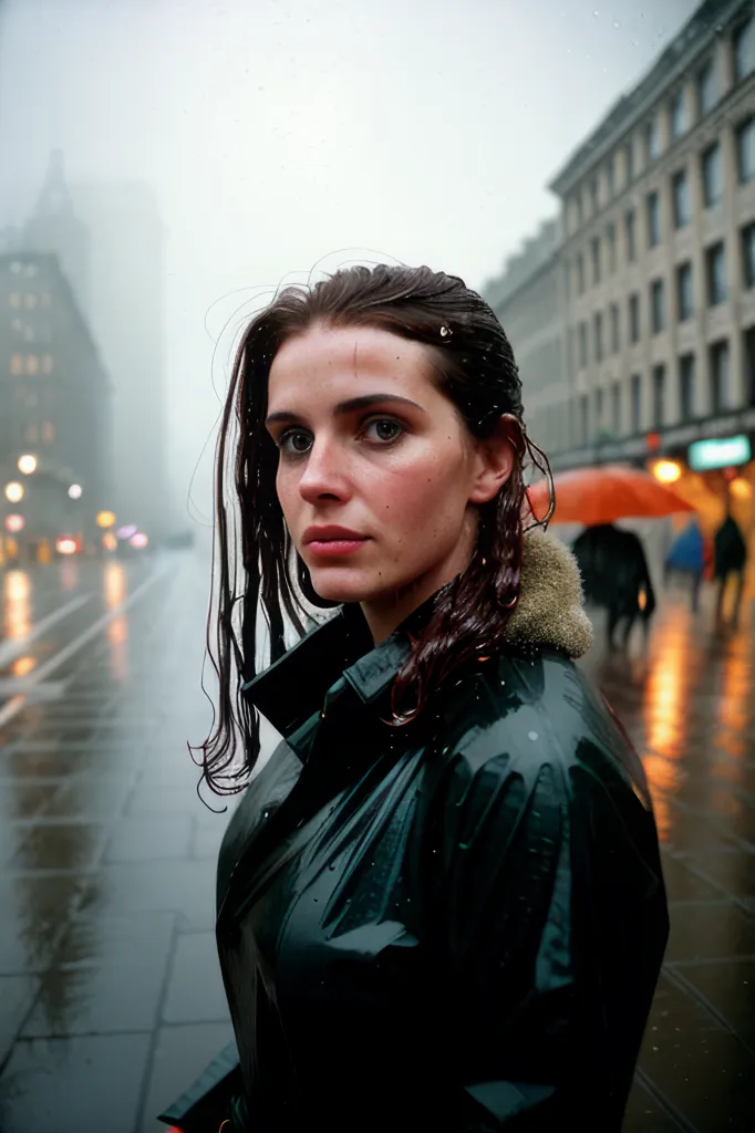 La imagen es un retrato de una mujer joven. Ella está de pie en una calle lluviosa y su cabello está mojado. Está usando un impermeable negro. El fondo de la imagen está borroso y hay personas caminando a lo lejos. La mujer mira a la cámara con una expresión seria.