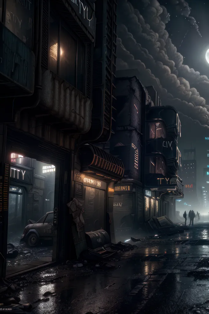 The image is a dark and rainy street in a futuristic city. The street is lined with tall buildings, most of which are in disrepair. The buildings are covered in graffiti and advertisements. The street is wet and there is a car parked on the side of the street. There are two figures walking in the distance. The sky is dark and cloudy and there is a full moon.