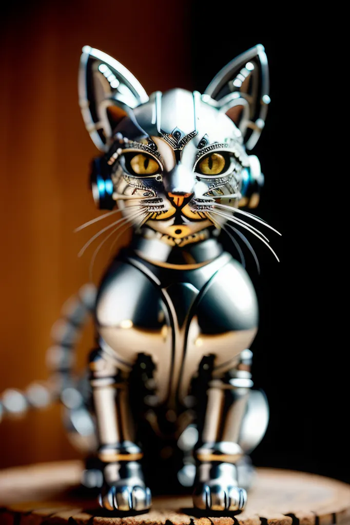 The image shows a steampunk cat figurine sitting on a wooden table. The figurine is made of metal and has a silver finish. The cat is wearing a pair of headphones and has a serious expression on its face. The background is a dark brown wood wall.