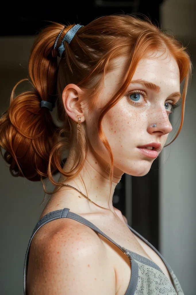 L'image montre une jeune femme aux longs cheveux bouclés roux et aux yeux bleus. Elle a un visage parsemé de taches de rousseur et porte un débardeur gris. Le côté gauche de son visage est dans l'ombre, tandis que le côté droit est fortement éclairé. Elle regarde vers la droite du cadre, la tête légèrement inclinée vers le bas.