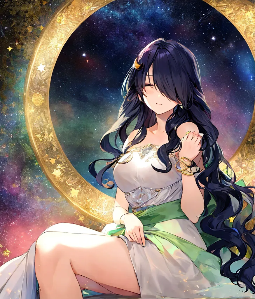 L'image montre une belle jeune fille d'anime aux longs cheveux noirs et aux yeux violets. Elle porte une robe blanche avec une écharpe verte et a une lune croisante dorée sur la tête. Elle est assise sur une lune croisante dans l'espace, avec des étoiles et des galaxies en arrière-plan. La jeune fille a un sourire doux sur le visage et semble apprécier la vue.