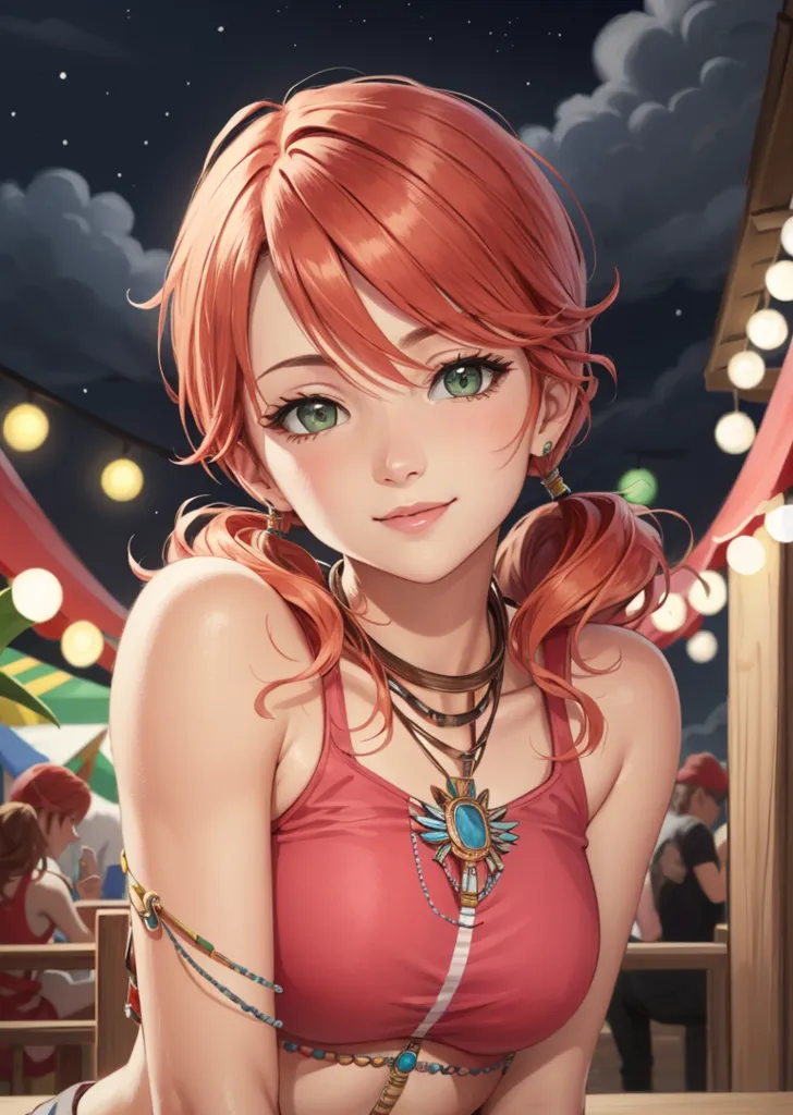 This is an image of a beautiful anime girl with orange hair and green eyes. She is wearing a pink bikini top and has a lot of jewelry on. She has a friendly smile on her face and is looking at the viewer. The background is blurry and looks like a beach at night with a carnival or fair. There are people in the background and lights.