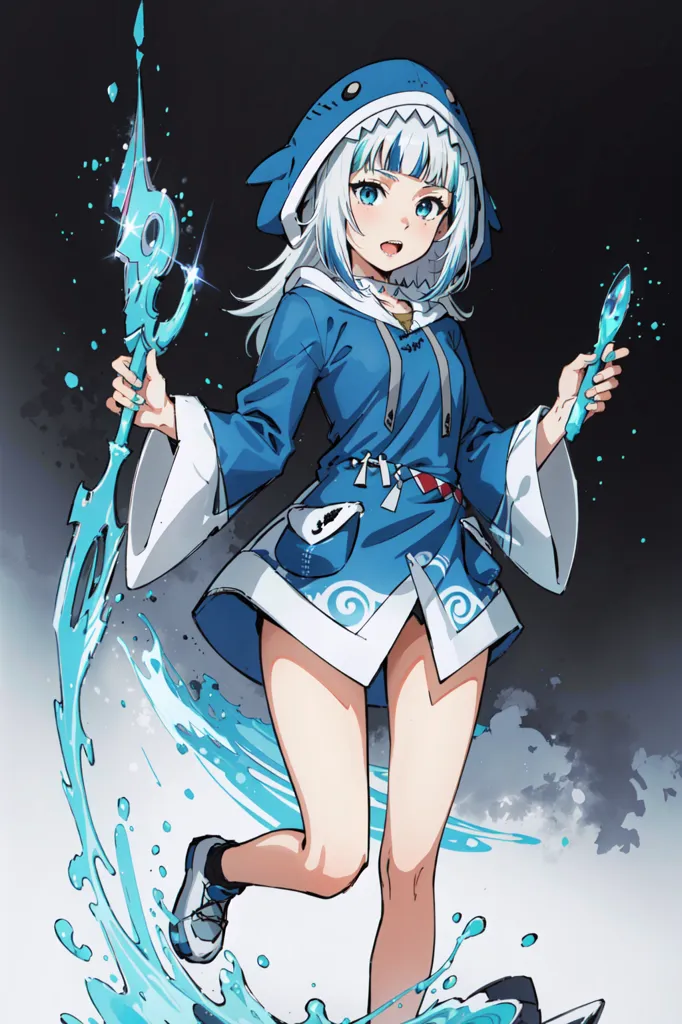 The image is of a young girl with white hair and blue eyes. She is wearing a blue and white shark hoodie, a white skirt, and blue sneakers. She is also holding two swords. The girl is standing in a dark blue void with a light blue glow around her.