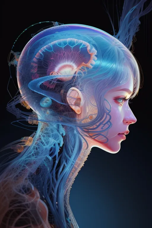 L'image montre la tête et les épaules d'une femme. La tête de la femme est transparente et son cerveau est visible. Le cerveau est entouré d'une énergie bleue et violette. Les cheveux de la femme sont longs et bleus, et ses yeux sont bleus. Elle porte un collier bleu. L'arrière-plan est noir.