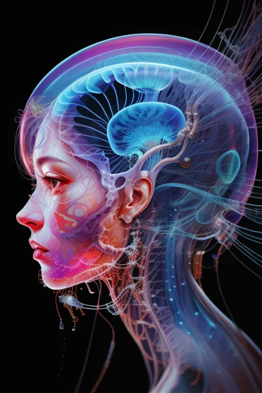 L'image est une vue de côté de la tête d'une femme. Son visage est tourné vers la gauche. Le cerveau de la femme est exposé et il brille. Le cerveau est entouré d'un réseau de nerfs. L'image est très détaillée et le visage de la femme est très réaliste. L'image est également très colorée et les couleurs sont très vives.