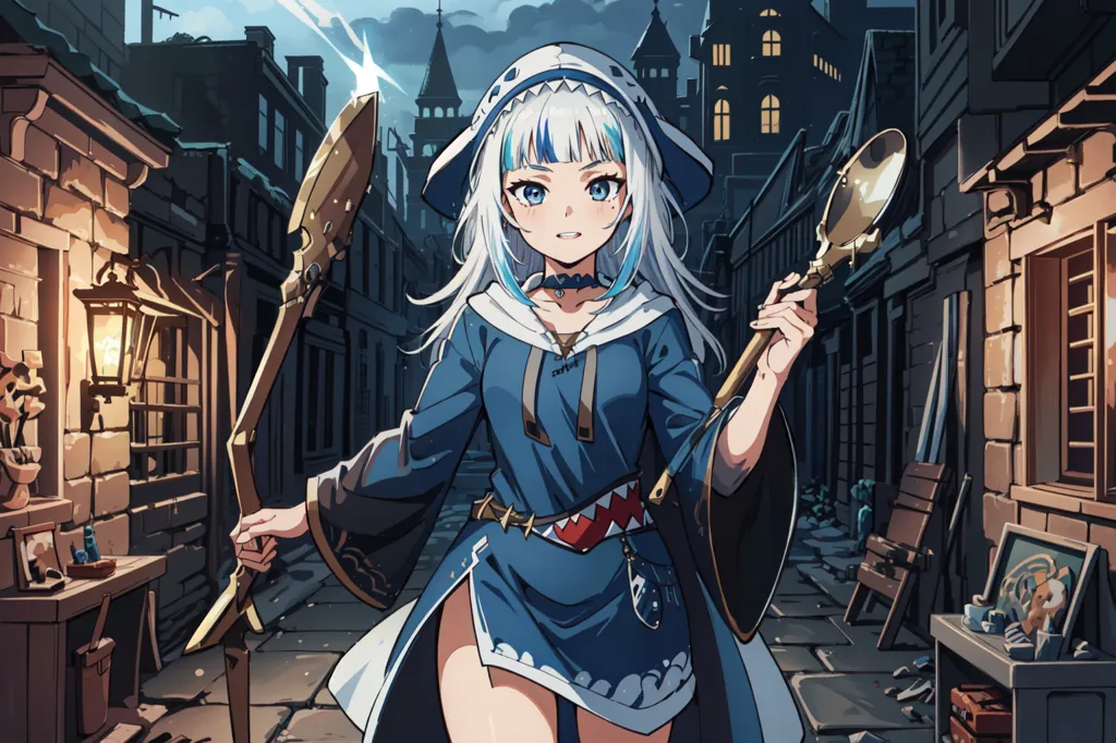 This is an image of Gawr Gura, a virtual YouTuber and member of Hololive English. She is depicted as a young girl with white hair and blue eyes, wearing a blue and white outfit and wielding a large spoon and a sword. She is standing in a dark alleyway, with a building to her left and a street lamp to her right. The image is drawn in a realistic style, with soft shading and detailed textures.