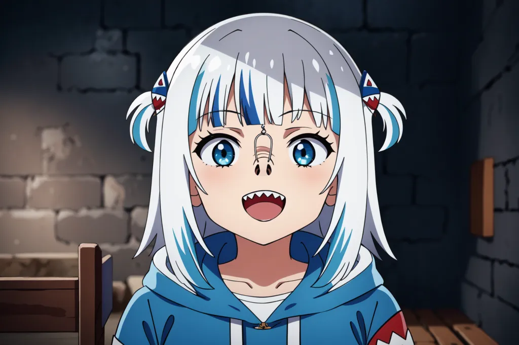 The image shows an anime-style girl with white and blue hair. She has shark-like teeth and a hook in her nose. She is wearing a blue hoodie with a white collar. The background is a dark room with brick walls.