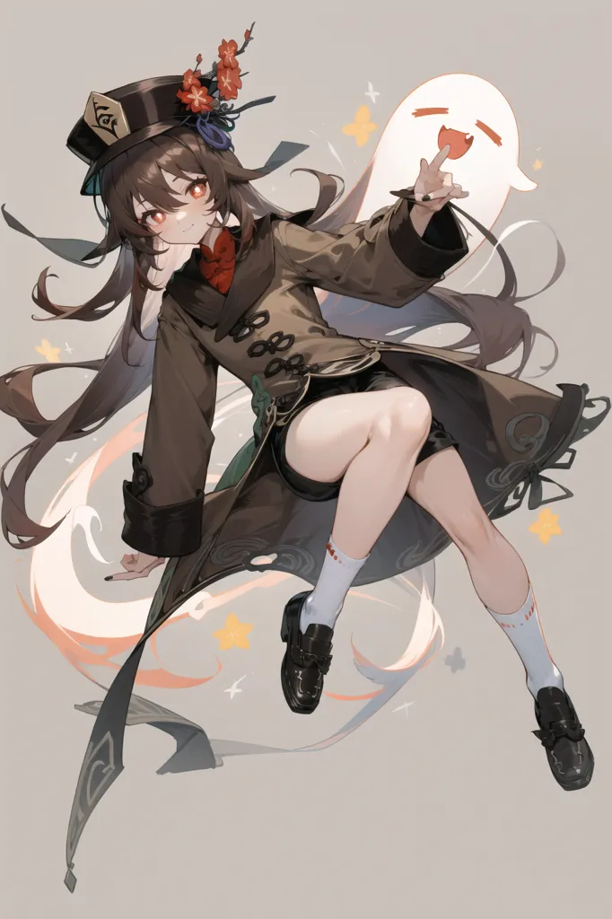 The image is of a young girl with long brown hair and red eyes. She is wearing a brown coat with a red scarf and a white skirt. She is also wearing brown shoes and socks. She is sitting in a relaxed pose with her legs crossed and her left hand resting on her knee. She has a small ghost-like creature with her that has a surprised expression on its face. The background is a light gray color with some white and yellow sparkles.