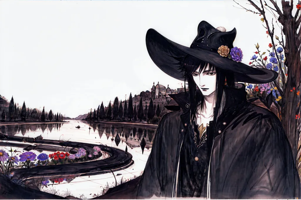 This image shows a man wearing a black hat and coat standing in a field of flowers. In the background, there is a river and a castle. The man has long black hair and pale skin. He is looking at the viewer with a serious expression.