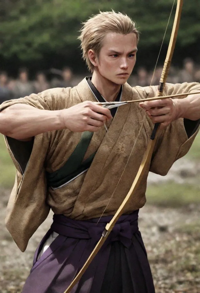 A young man with blond hair, dressed in traditional Japanese clothing, holds a bow and arrow. He is in the midst of drawing the arrow back, his face focused and determined. He is surrounded by a blurry background of trees and other people, suggesting a practice session or competition. The image captures the intensity and skill of archery.