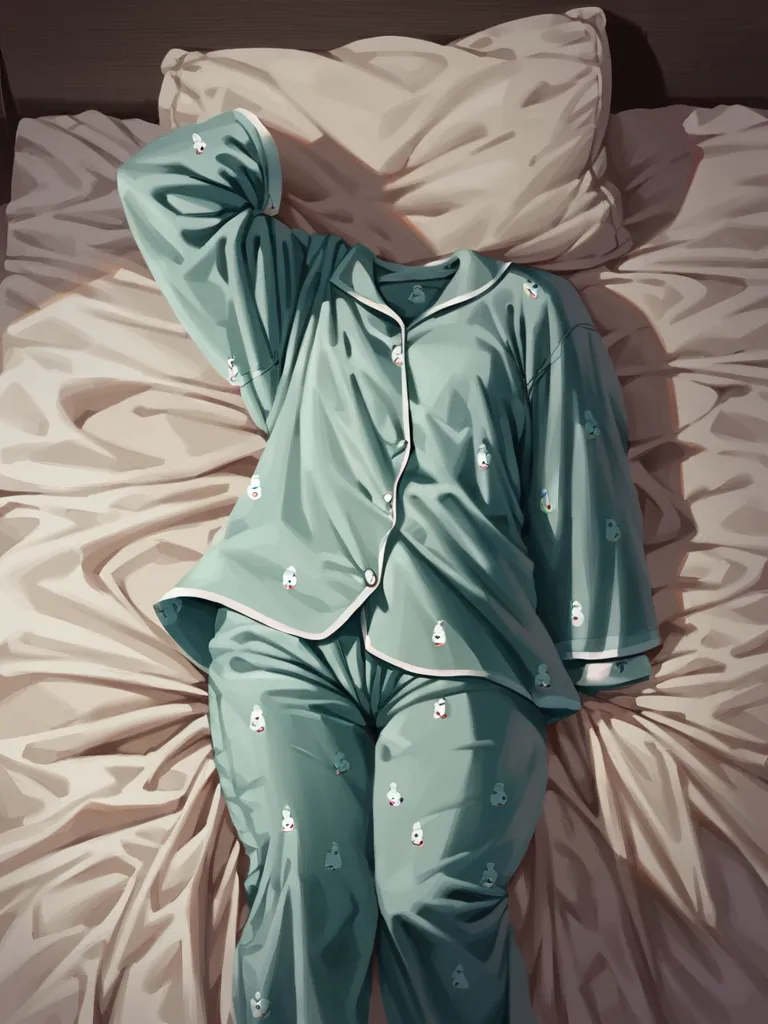 The image is a painting of an empty green and white pajamas lying on a rumpled bed. The pajamas are made of soft fabric. The bed is covered in a white sheet and there is a pillow at the head of the bed. The painting is done in a realistic style and the colors are muted and natural.