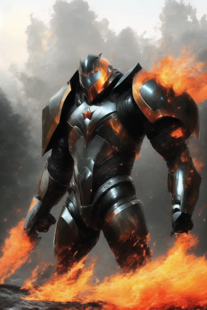 The image shows a robot standing in a fiery, smoky background. The robot is made of black and gray metal, with orange lights glowing from its eyes, chest, and hands. It is has a muscular build, with large shoulder pads and a chest plate. The robot is also wearing a helmet with a visor. The background is a fiery orange, with smoke rising from the ground. The robot is standing on a rocky surface, with debris scattered around it.