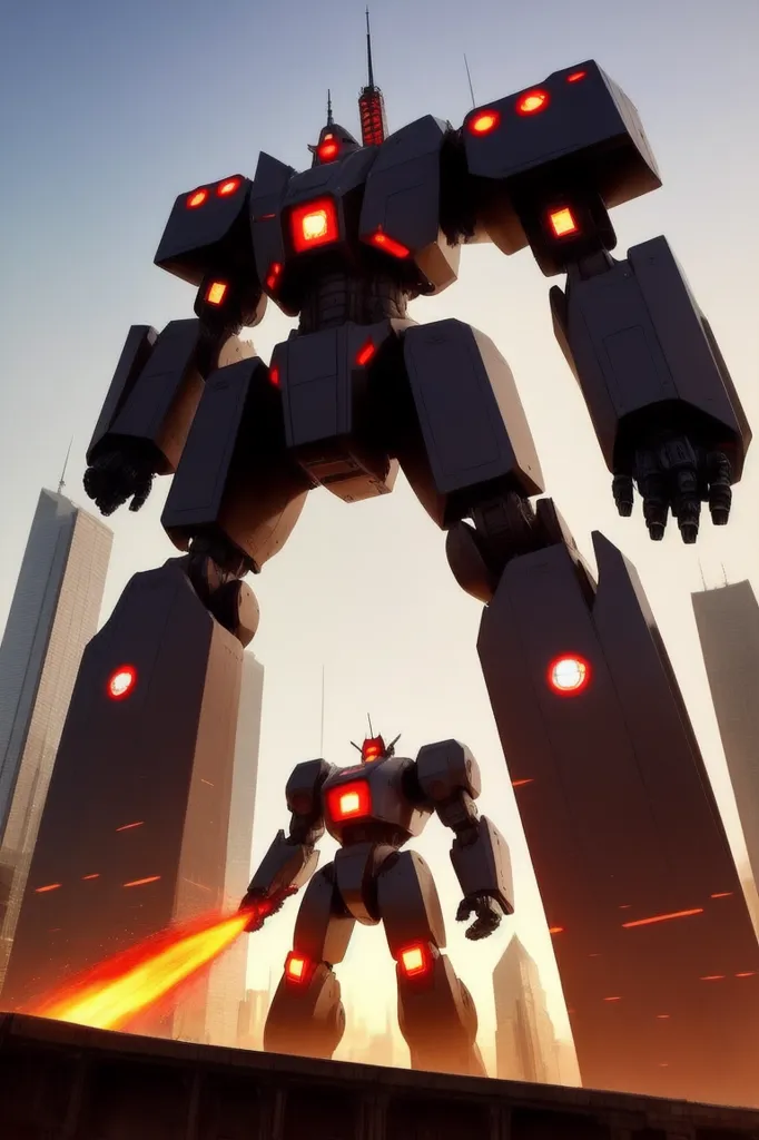 The image shows two giant robots standing in a city. The robots are both black and grey, with red details. The larger robot is in the background, and it is towering over the smaller robot. The smaller robot is in the foreground, and it is holding a large sword. Both robots are looking at each other, and it seems like they are about to fight. The city is in the background, and it is made up of tall buildings. The sky is orange, and it looks like the sun is setting.
