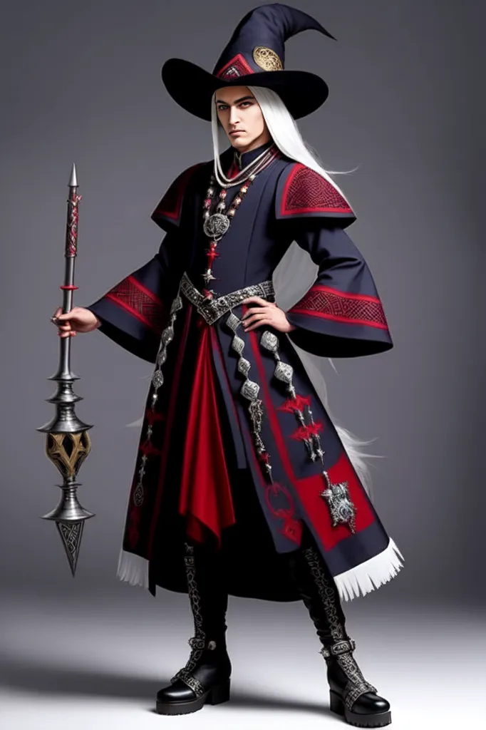 The image shows a person in a fantasy wizard costume. They are wearing a tall, pointed black hat with a wide brim. The hat is decorated with a silver band and a red jewel in the center. They are also wearing a long, black coat with red and gold trim. The coat has a high collar and is open at the front, showing a red vest and white shirt beneath. They are wearing black boots with silver buckles. The person has long, white hair and pale skin. They are holding a staff in their right hand. The staff is made of wood with a large, metal pommel. The person is standing in a confident pose, with their feet shoulder-width apart and their left hand resting on their hip. They are looking at the viewer with a serious exp