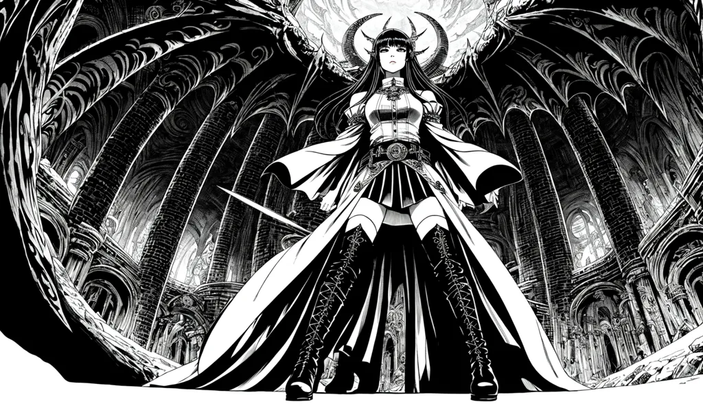 The image is a black and white illustration of a woman with long black hair and horns standing in a dark, gothic cathedral. She is wearing a long dress with a high collar and a skirt that is slit at the sides. She is also wearing boots and a belt with a large buckle. The woman has her arms crossed in front of her and she is looking at the viewer with a stern expression. The cathedral is made of dark gray stone and has tall, pointed arches. The floor is covered in rubble and there are broken columns and statues everywhere. The image is full of dark shadows and sharp lines, which create a sense of foreboding and mystery.