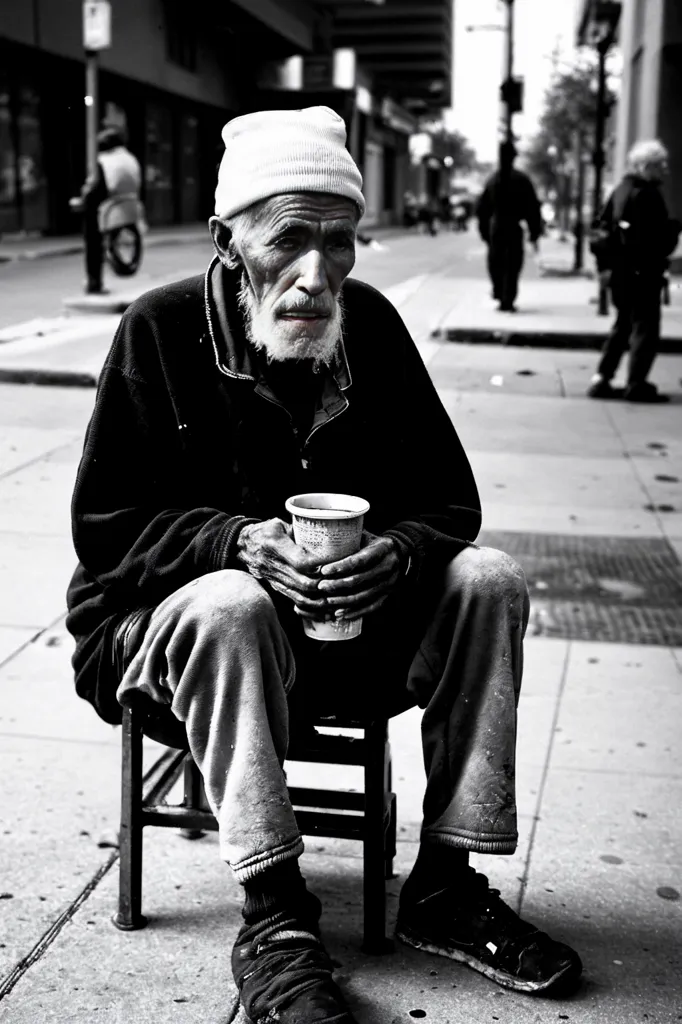 La imagen está en blanco y negro. Un hombre mayor está sentado en una silla en la acera. Lleva un gorro blanco, una chaqueta negra y pantalones grises. Sus zapatos están desatados. Tiene barba y arrugas en la cara. Está sosteniendo una taza en las manos. Hay gente caminando en el fondo. Hay un edificio en el fondo. La imagen es triste y solitaria.