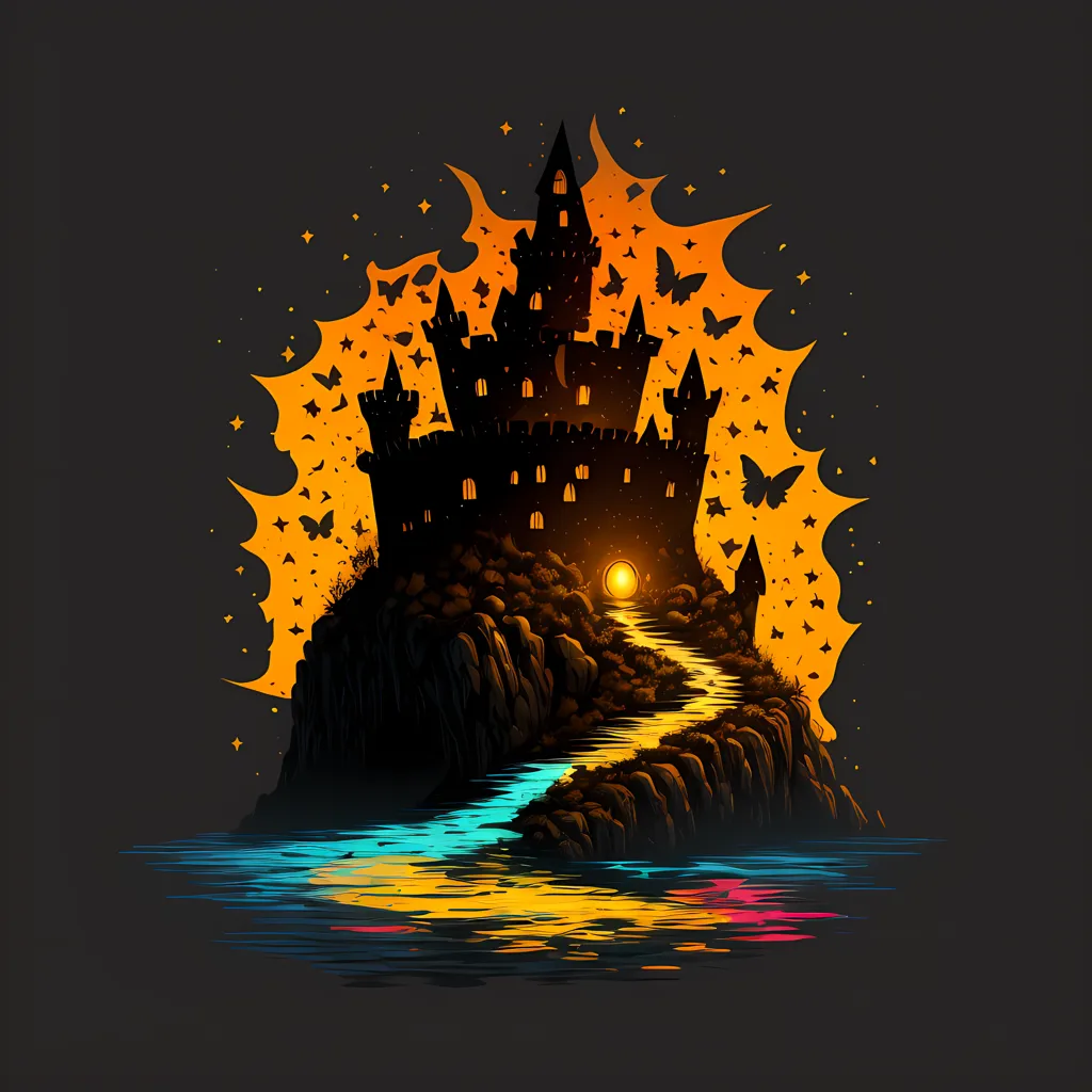 The image is a dark silhouette of a castle on a cliff. The castle is surrounded by a bright light, which is casting shadows on the water below. There are also butterflies fluttering around the castle. The image is set against a night sky, which is filled with stars. The overall effect of the image is one of mystery and intrigue. It is unclear what is happening in the castle, but it is clear that something is amiss. The dark silhouette of the castle suggests that it is a place of danger, while the bright light suggests that there is hope. The butterflies fluttering around the castle represent the beauty and hope that can be found even in the darkest of times.
