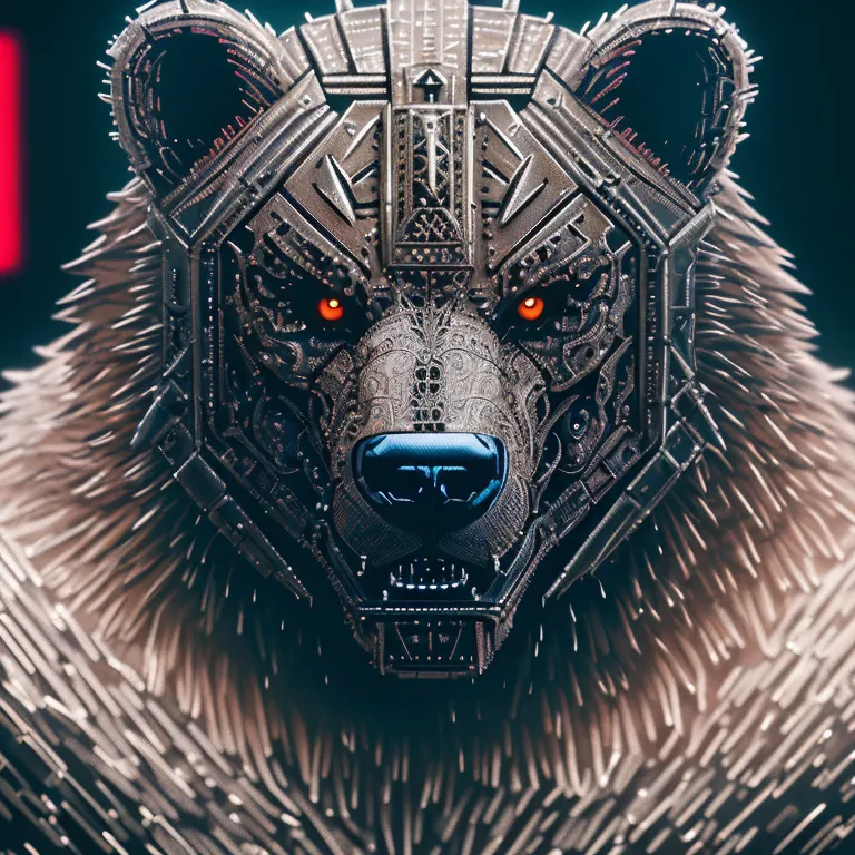 The image is a dark and detailed portrait of a bear. The bear is in the foreground, with its head turned slightly to the right. Its fur is long and white, and its eyes are a bright, glowing red. The bear's face is covered in intricate metal plates, which give it a cybernetic appearance. The background is dark and out of focus, with a few red highlights. The image is well-lit, and the bear's face is in sharp focus. The overall effect is one of mystery and intrigue.