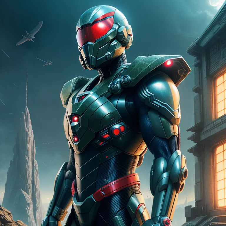 The image shows a soldier wearing a futuristic combat armor. The armor is green and black, with red lights on the helmet and chest. The soldier is standing in a dark and futuristic city. There are buildings and mountains in the background. The sky is dark and there are two planes flying in the distance. The soldier is holding a gun.