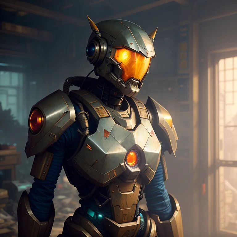 The image shows a humanoid robot standing in a room. The robot is wearing a suit of armor that is mostly blue and gray, with some orange and yellow highlights. The helmet has a visor that is glowing orange, and there is a glowing orange circle on the chest. The robot is also wearing a backpack and has a number of wires and tubes attached to its body. The room is dark and there is a window in the background.