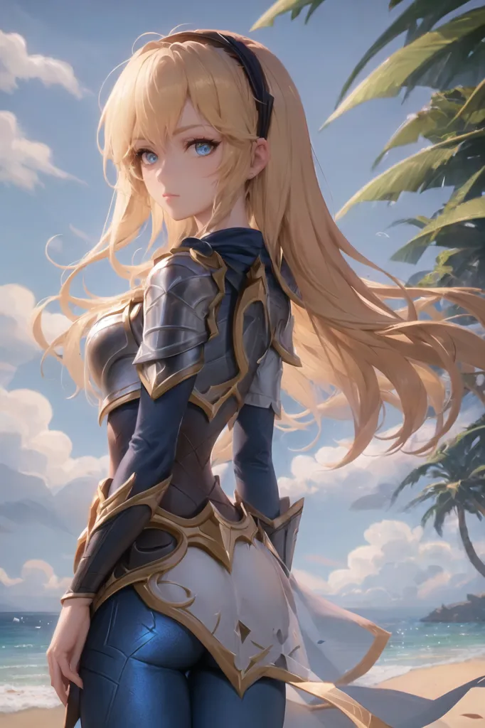 The image is of a young woman with long blonde hair and blue eyes. She is wearing a white and blue outfit with silver and gold armor. She is standing on a beach, with the ocean behind her and palm trees to her right. The sky is blue and cloudy.