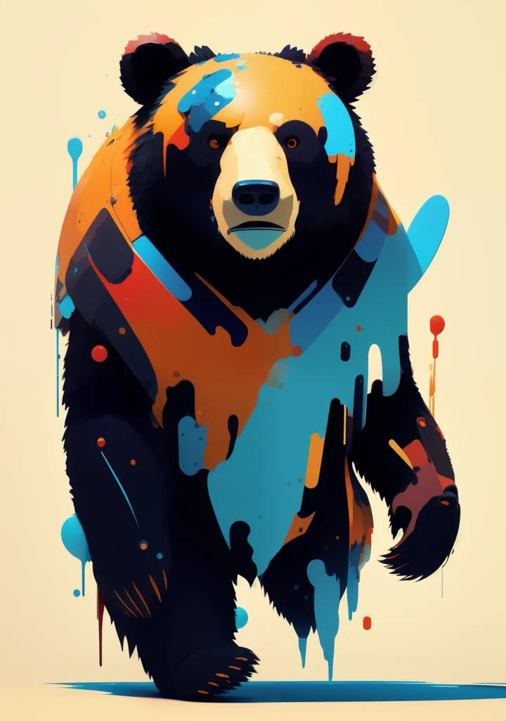 A imagem é uma pintura digital de um urso. O urso está em pé em um fundo claro e está de frente para o observador. O urso é preto com marcas azuis e laranjas. O pelo do urso está emaranhado e parece molhado. O fundo é de uma cor clara. A imagem está em um estilo de desenho animado e tem um visual plano e gráfico.