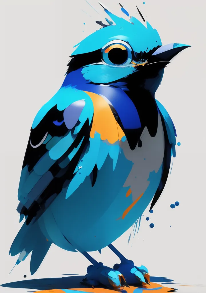 Esta es una pintura digital de un pájaro azul. Tiene una cresta en la cabeza y un vientre amarillo. El pájaro está mirando al espectador y está posado en una rama. El fondo es blanco. La pintura tiene un estilo de dibujos animados y los colores son vibrantes y saturados.