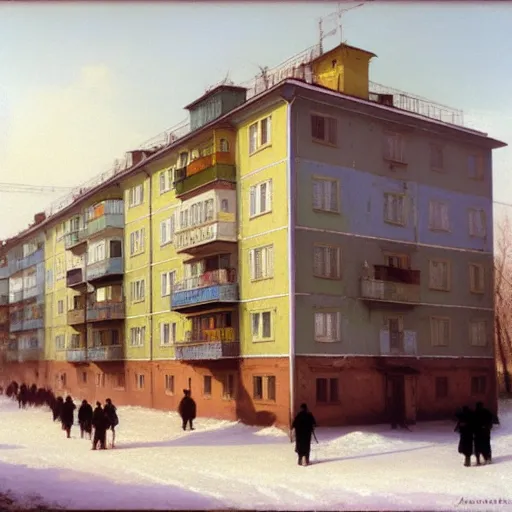 The image is a painting of a Soviet apartment building. It is a five-story building, with each story having four apartments. The building is painted in a light green color, with the first floor being painted in a dark red color. The building has a total of 20 apartments. There are people walking around outside the building. There are also trees and bushes outside the building. The painting is done in a realistic style, and the artist has used muted colors to create a sense of atmosphere.