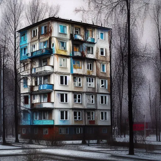 The image shows a tall, run-down apartment building. The building is covered in graffiti and the windows are boarded up. There are no people visible in the image. The building is surrounded by trees and the ground is covered in snow. The image is bleak and depressing. It is a reminder of the harsh realities of life in some parts of the world.