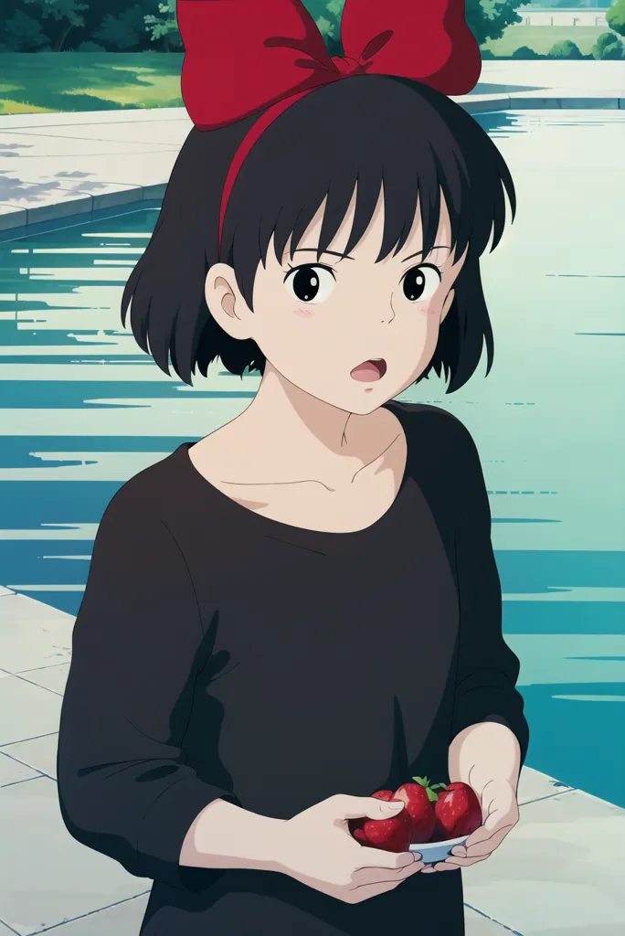The image shows a young girl with black hair and a red bow in her hair. She is wearing a black shirt and is standing in front of a blue, rippling water background. The girl's expression is one of surprise, as she looks down at something in her hands. Upon closer inspection, the girl is holding a white dish with several strawberries on it. The girl's appearance is reminiscent of the character Kiki from the animated film, Kiki's Delivery Service.
