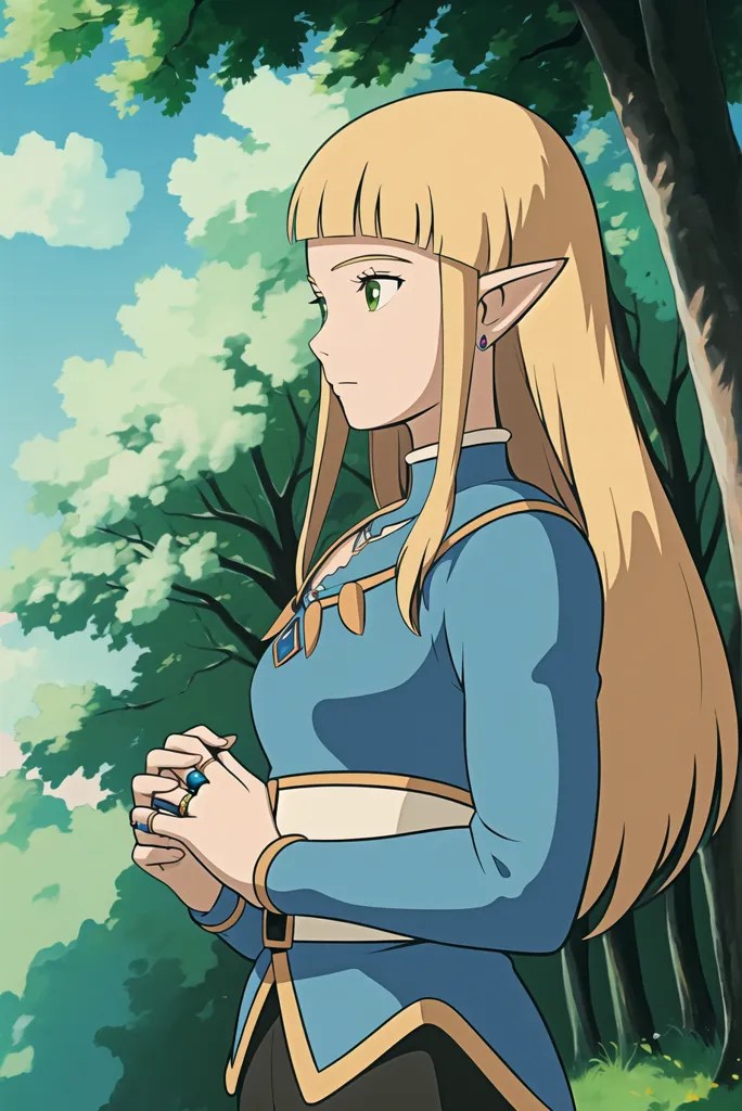 The image is of a young woman with long blonde hair and green eyes. She is wearing a blue tunic with a white collar and brown boots. She is also wearing a silver necklace and a ring on her right hand. She is standing in a forest, looking to the right of the frame. The trees are tall and green, and the leaves are full. The sky is blue and there are some white clouds. The image is drawn in an anime style, and the colors are vibrant and bright.
