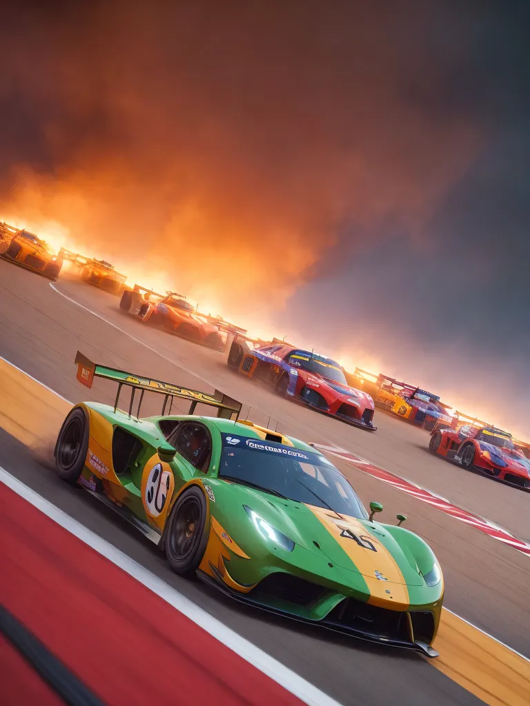The image shows a group of cars racing on a track. The cars are all different colors, but the green and yellow car in the front is the most prominent. The cars are racing in a close formation, and the green and yellow car is in the lead. The track is surrounded by a wall of fire, which adds to the sense of danger and excitement. The image is very dynamic and captures the excitement of the race.