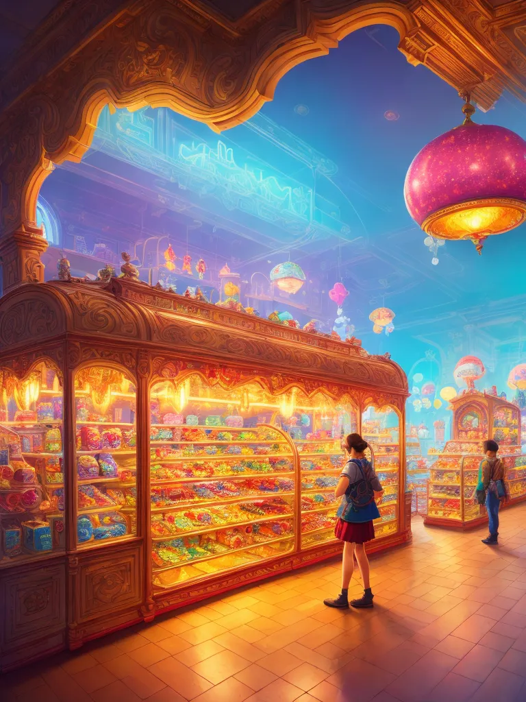 The image is a depiction of a  candy store. The store is brightly lit and has a wide variety of candies on display. There are shelves lined with jars of colorful candies, as well as displays of lollipops, chocolates, and other treats. The store is also decorated with colorful lights and garlands. There are two people in the image, a young girl and a young boy. They are both looking at the candy in the store. The girl is wearing a red skirt and a blue shirt, and the boy is wearing a blue shirt and jeans. The image has a warm and inviting atmosphere, and it evokes a sense of nostalgia.