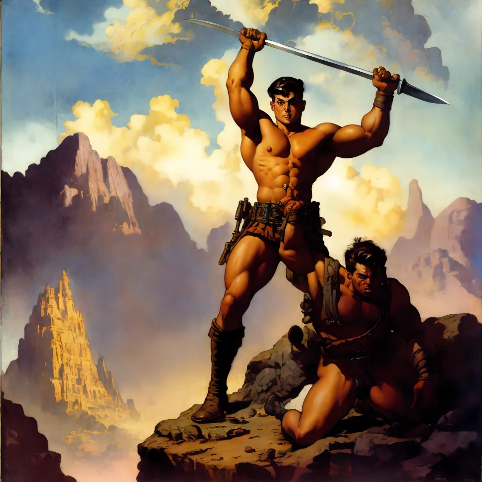 The image is a painting of a muscular man holding a sword. He is standing on a rock with one foot on the chest of another man who is lying on the ground. The man with the sword is wearing a loincloth and has his hair blowing in the wind. He has a determined expression on his face. The man on the ground is wearing similar clothing and has his head turned away from the man with the sword. He has a look of defeat on his face. The background of the image is a mountainous landscape with a castle in the distance. The sky is blue and there are clouds in the distance.