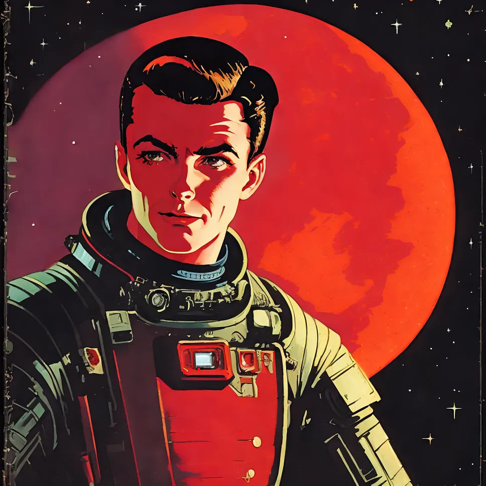 This is a painting of a young male astronaut with a retro feel. He is wearing a spacesuit with a red and white striped pattern and a clear bubble helmet. The background is a red planet with a starry sky. The astronaut is looking at the viewer with a confident expression.