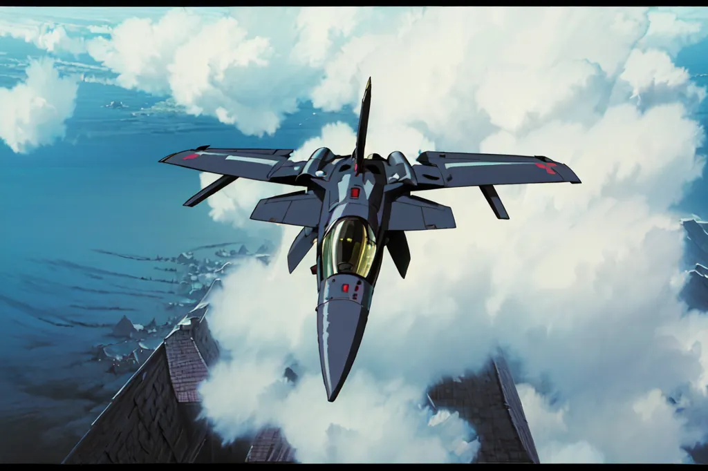 The image shows a fictional aircraft in flight. It has a dark grey body with red markings and a single vertical stabilizer. The aircraft is flying over a landscape of water and clouds. The sky is blue and there are some clouds in the background. The aircraft is in the foreground and is in focus. It is a sleek and futuristic design, with a long, pointed nose and swept-back wings. The aircraft is also equipped with a variety of weapons, including missiles and guns.