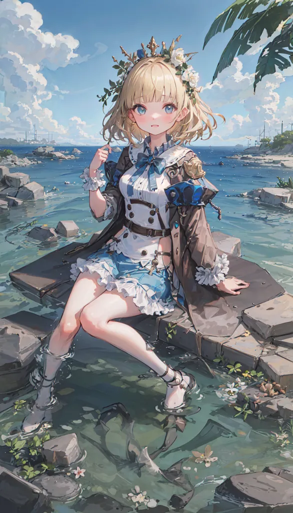 The image is a digital painting of a young girl sitting on a rock at the edge of the water. She is wearing a white and blue dress with a brown cape. She has a flower crown on her head and is barefoot. Her feet are dangling in the water. The background is a blue sky with white clouds and a large body of water.