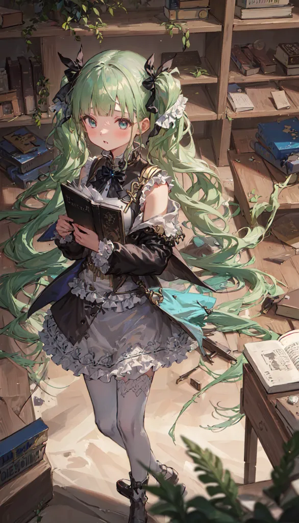The image depicts a young girl with long, green hair and blue eyes. She is wearing a black and white dress with a white collar and a blue sash. She is also wearing black boots and a black hat. The girl is standing in a library, surrounded by bookshelves. She is holding a book in her hands and is looking at it with a thoughtful expression on her face. The image is drawn in a realistic style and the colors are vibrant and lifelike.